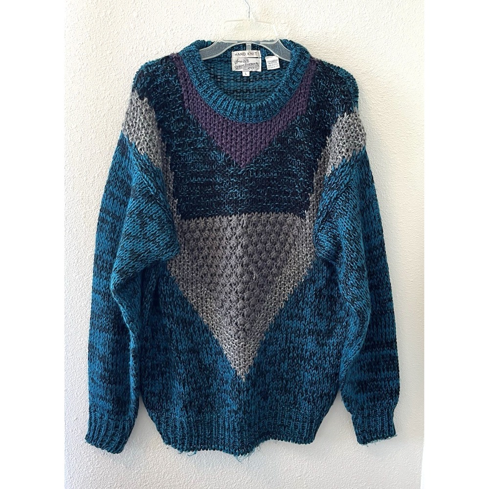 Vtg 80's Sears Roebuck Sweater Large Hand Knit Colorful Chunky Grandpa Geometric